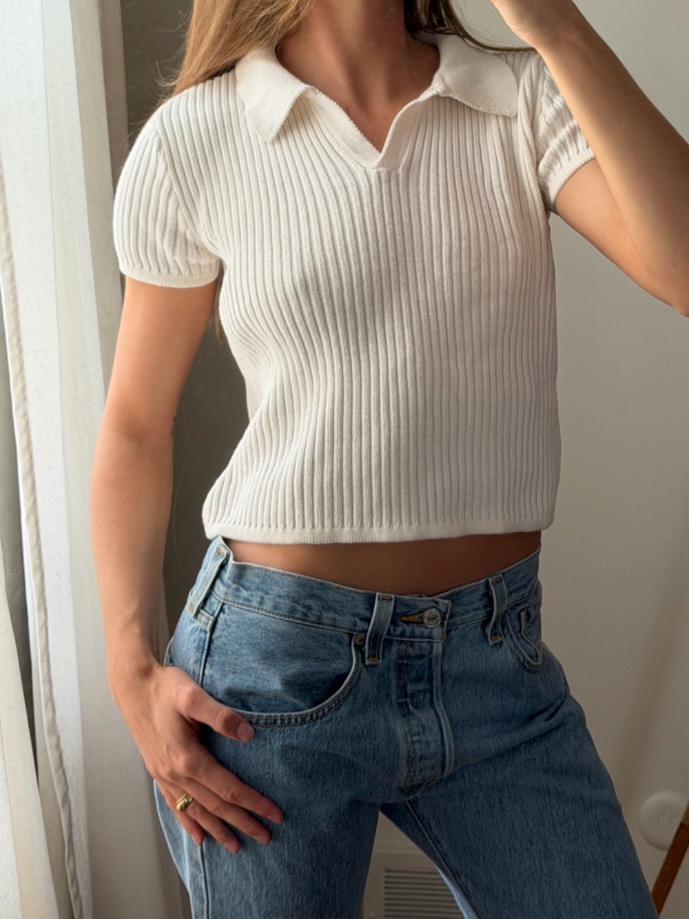 Liz Claiborne Cream Ribbed Polo Crop Top